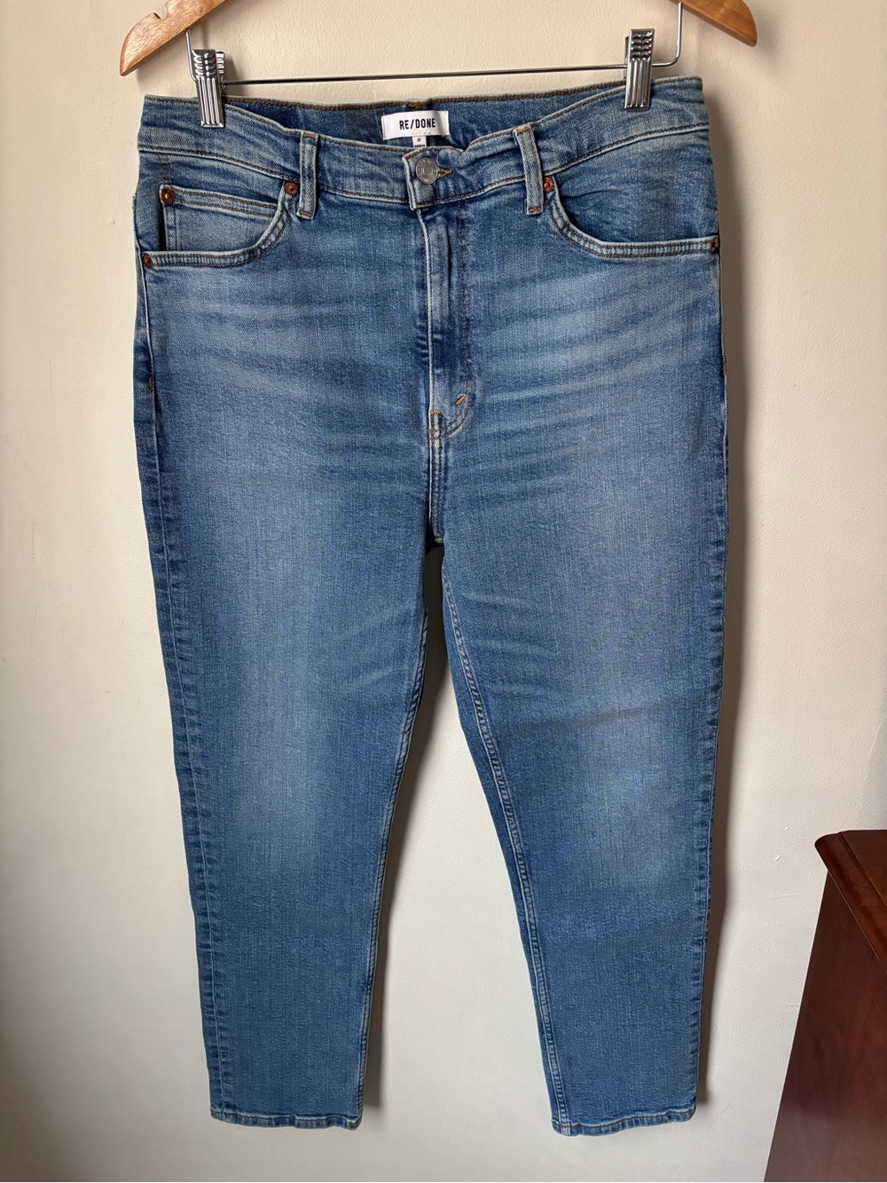 Re/Done Women High-Rise Tapered Jeans in Light Blue